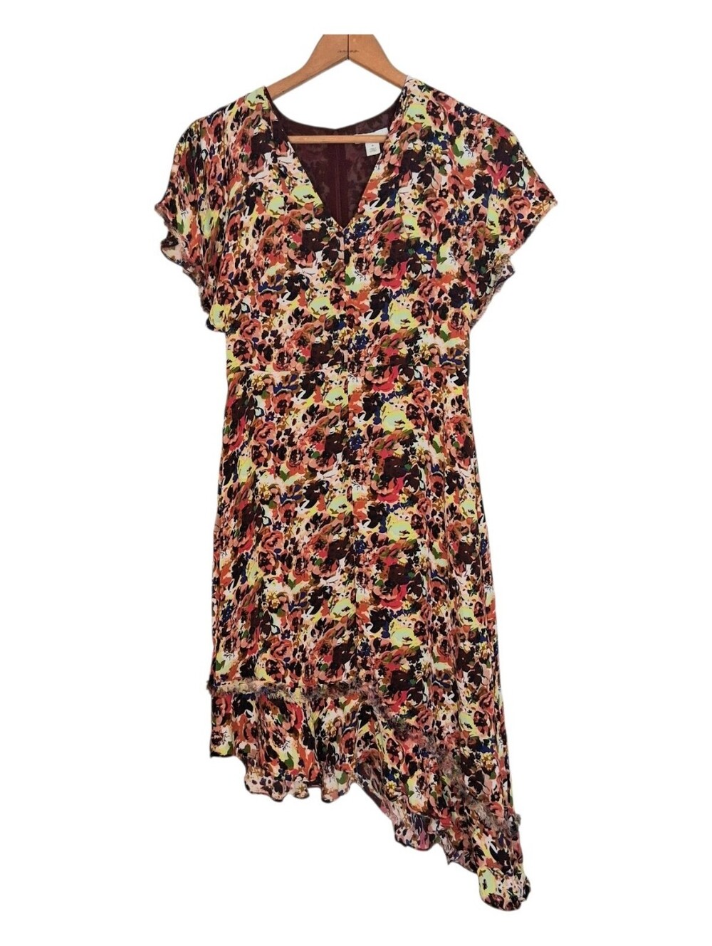 Lewit Asymetrical Multicolor Floral Fray Trim Chiffon Dress Sz 4 Spring Summer